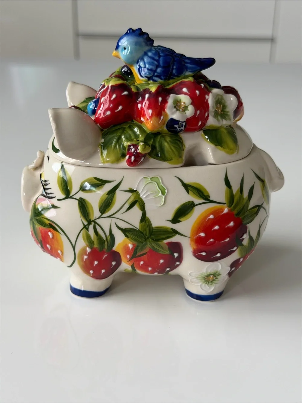 Blue Sky Heather J. McCall 2004 Hand-Painted Strawberry Pig Sugar Bowl Jam Pot